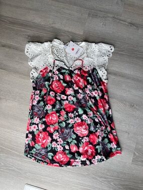 Floral Lace-Trim Sleeveless Blouse - White Lace with Pink & Red Rose Print